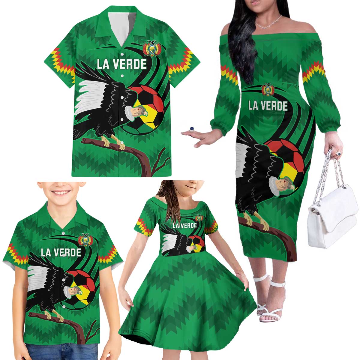 Custom Bolivia Football Family Matching Off The Shoulder Long Sleeve Dress and Hawaiian Shirt Andean Condor Vamo La Verde