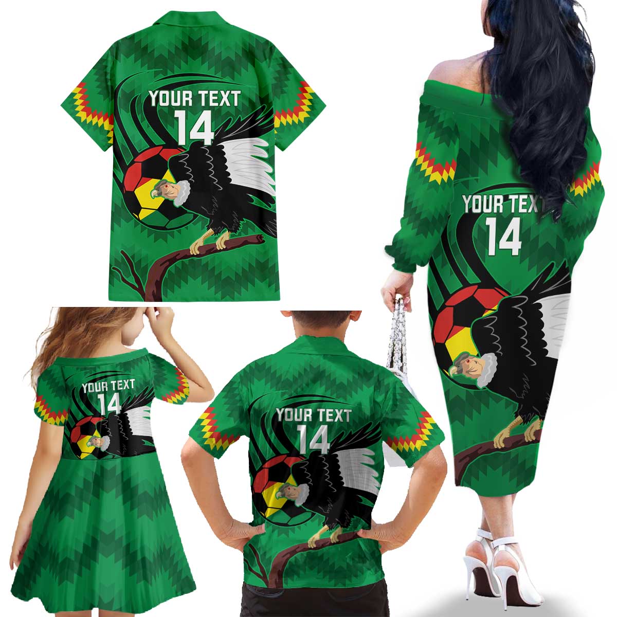 Custom Bolivia Football Family Matching Off The Shoulder Long Sleeve Dress and Hawaiian Shirt Andean Condor Vamo La Verde