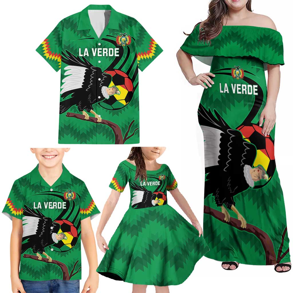 Custom Bolivia Football Family Matching Off Shoulder Maxi Dress and Hawaiian Shirt Andean Condor Vamo La Verde