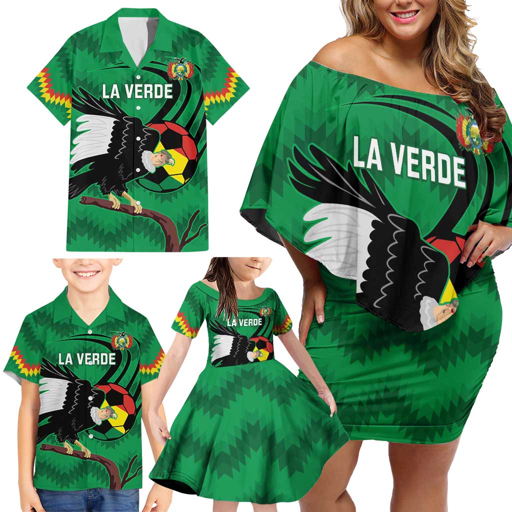 Custom Bolivia Football Family Matching Off Shoulder Short Dress and Hawaiian Shirt Andean Condor Vamo La Verde