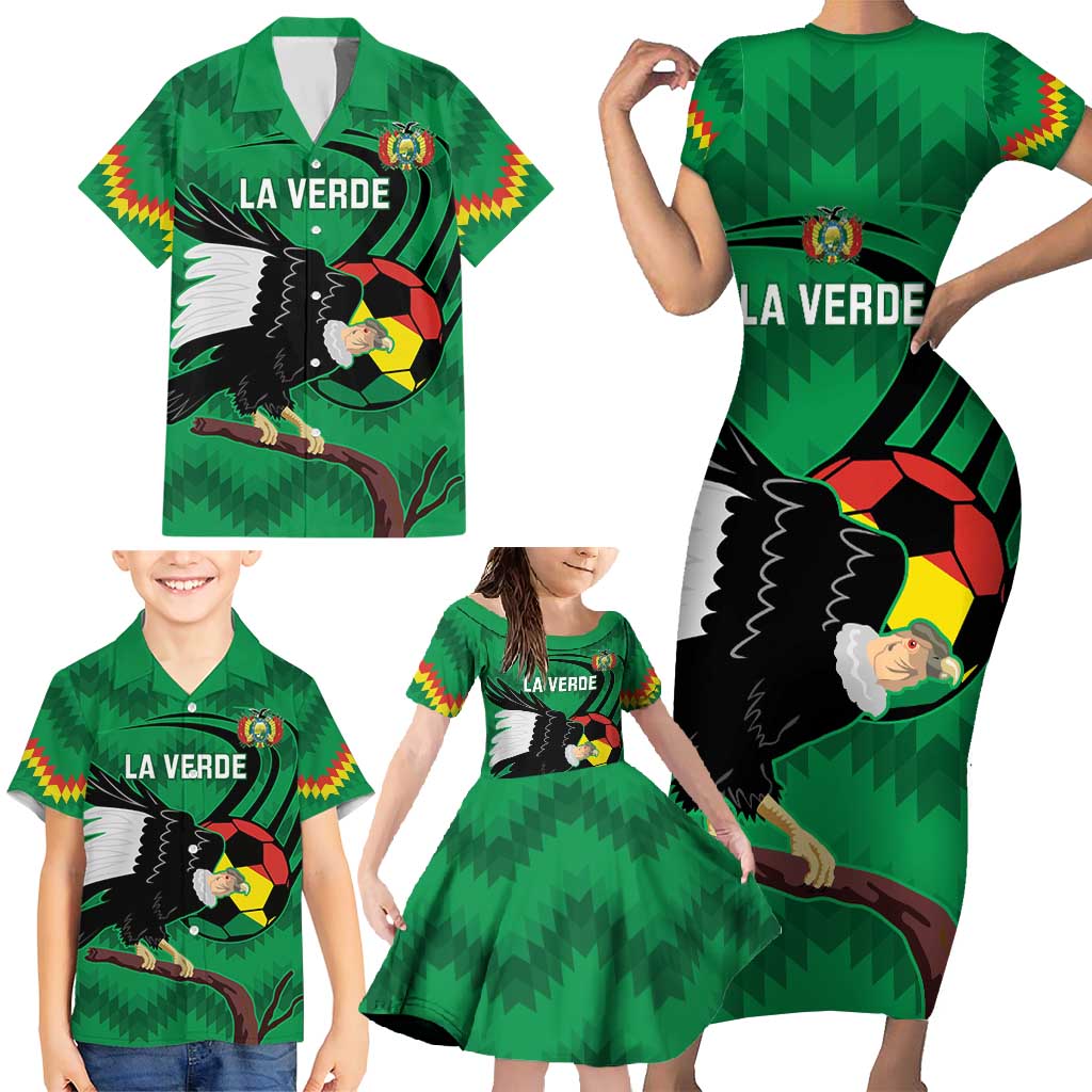 Custom Bolivia Football Family Matching Short Sleeve Bodycon Dress and Hawaiian Shirt Andean Condor Vamo La Verde