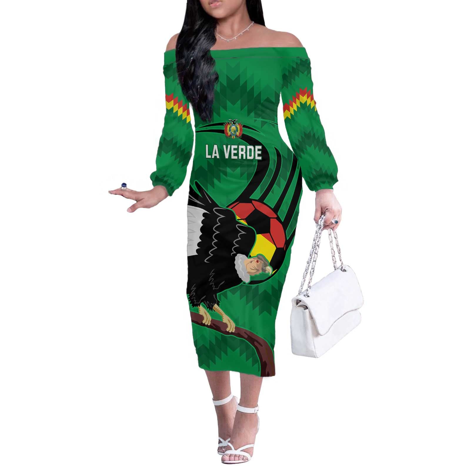 Custom Bolivia Football Off The Shoulder Long Sleeve Dress Andean Condor Vamo La Verde