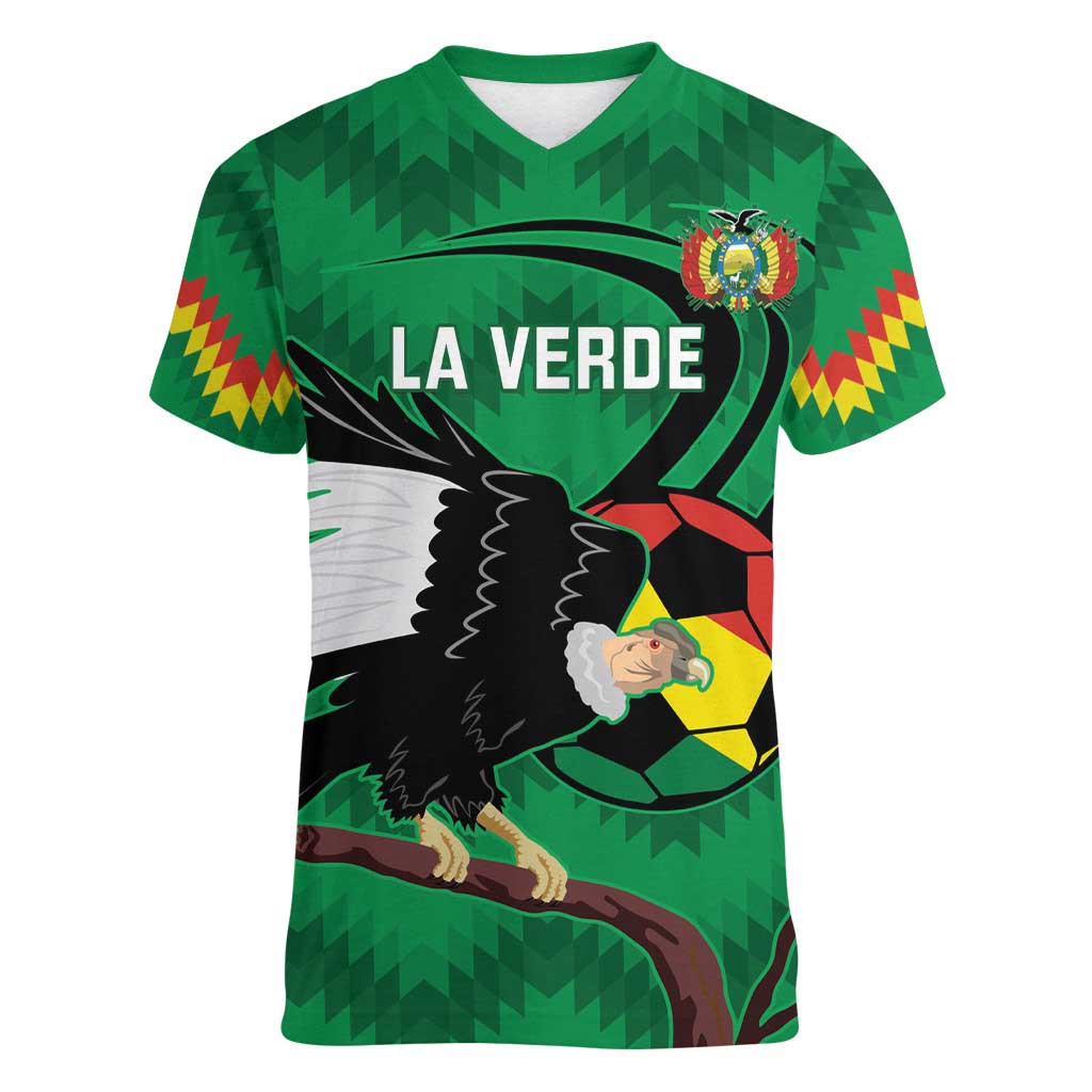 Custom Bolivia Football Women V-Neck T-Shirt Andean Condor Vamo La Verde