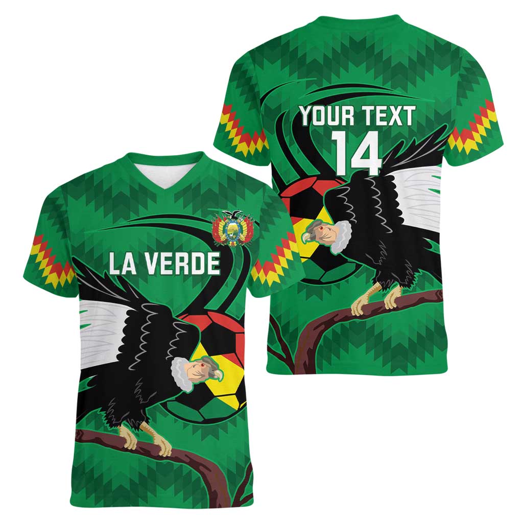 Custom Bolivia Football Women V-Neck T-Shirt Andean Condor Vamo La Verde