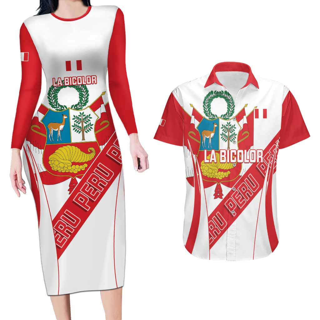 Custom Peru Football Couples Matching Long Sleeve Bodycon Dress and Hawaiian Shirt La Bicolor Coat Of Arms Style