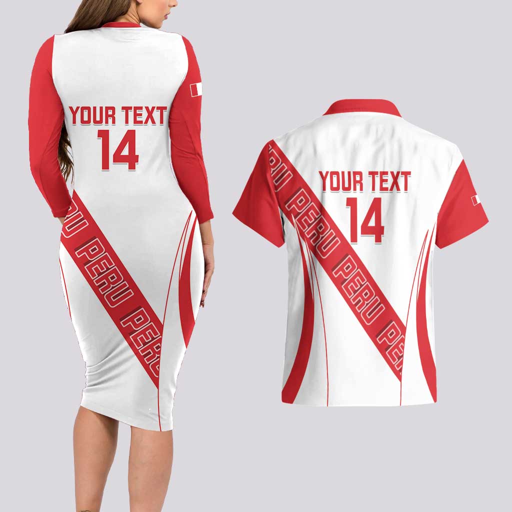 Custom Peru Football Couples Matching Long Sleeve Bodycon Dress and Hawaiian Shirt La Bicolor Coat Of Arms Style