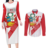 Custom Peru Football Couples Matching Long Sleeve Bodycon Dress and Long Sleeve Button Shirt La Bicolor Coat Of Arms Style