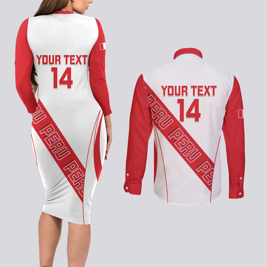Custom Peru Football Couples Matching Long Sleeve Bodycon Dress and Long Sleeve Button Shirt La Bicolor Coat Of Arms Style