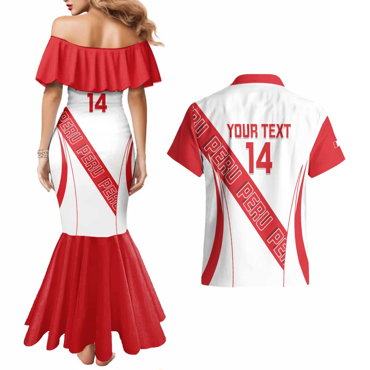 Custom Peru Football Couples Matching Mermaid Dress and Hawaiian Shirt La Bicolor Coat Of Arms Style