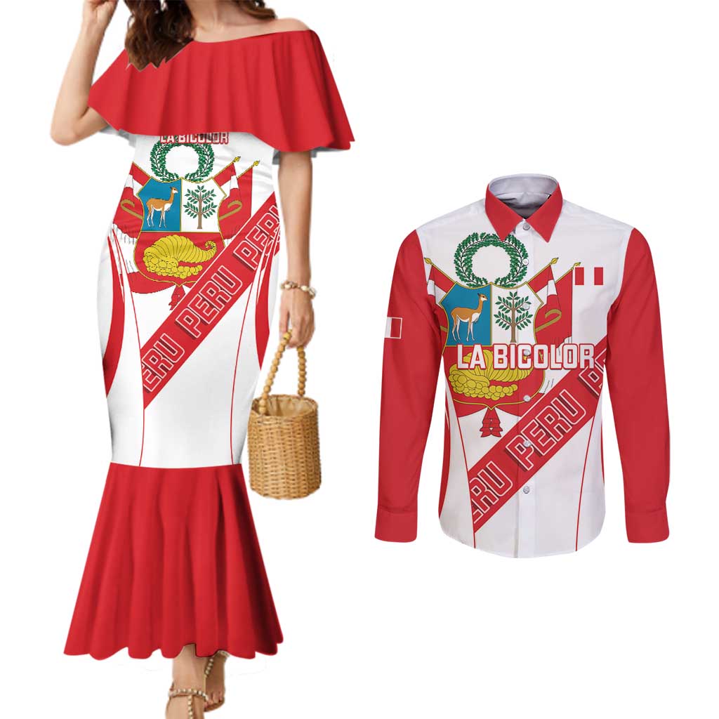 Custom Peru Football Couples Matching Mermaid Dress and Long Sleeve Button Shirt La Bicolor Coat Of Arms Style