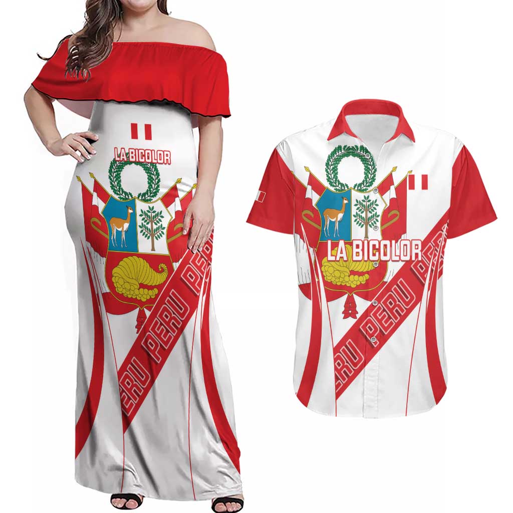 Custom Peru Football Couples Matching Off Shoulder Maxi Dress and Hawaiian Shirt La Bicolor Coat Of Arms Style