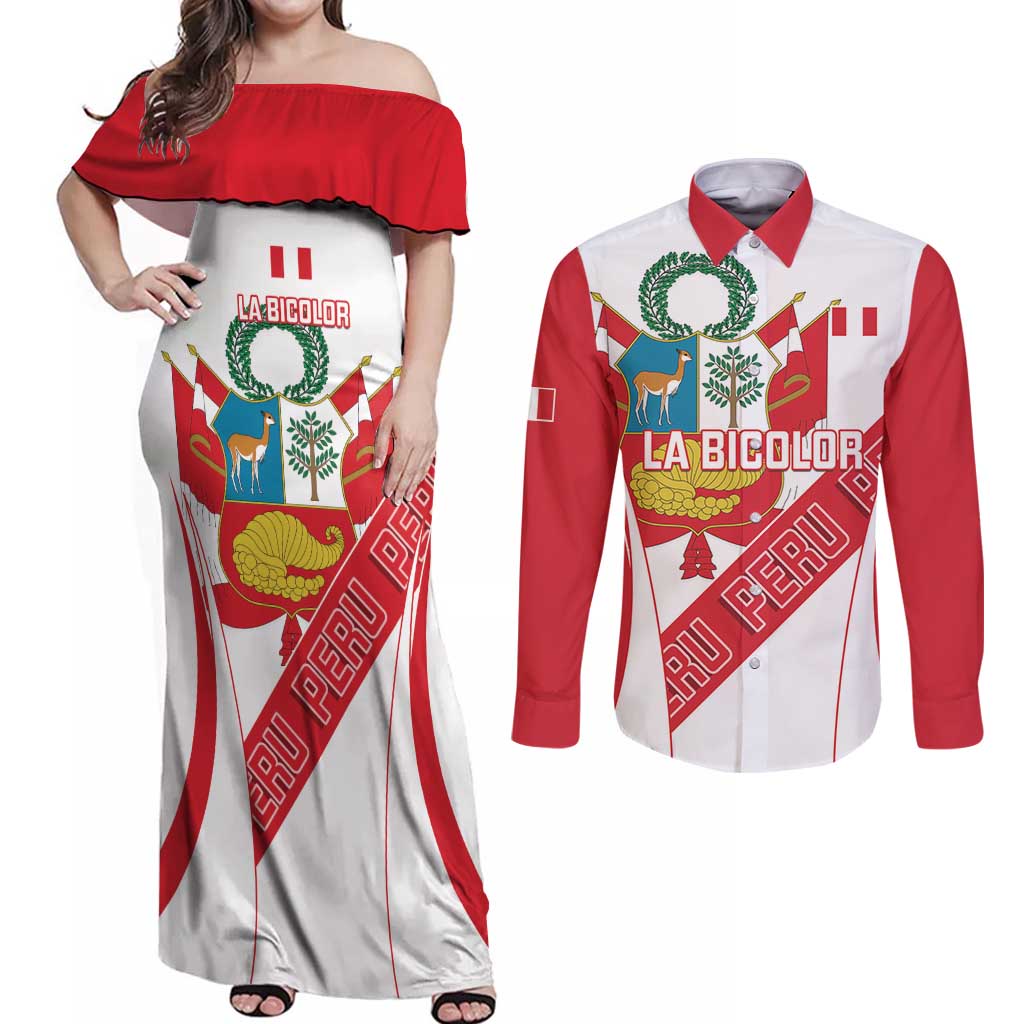 Custom Peru Football Couples Matching Off Shoulder Maxi Dress and Long Sleeve Button Shirt La Bicolor Coat Of Arms Style