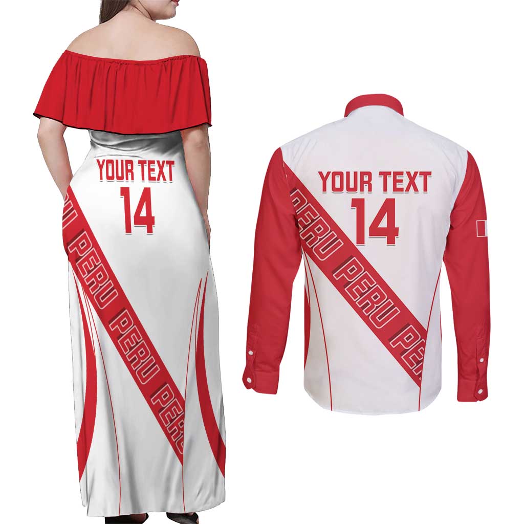 Custom Peru Football Couples Matching Off Shoulder Maxi Dress and Long Sleeve Button Shirt La Bicolor Coat Of Arms Style