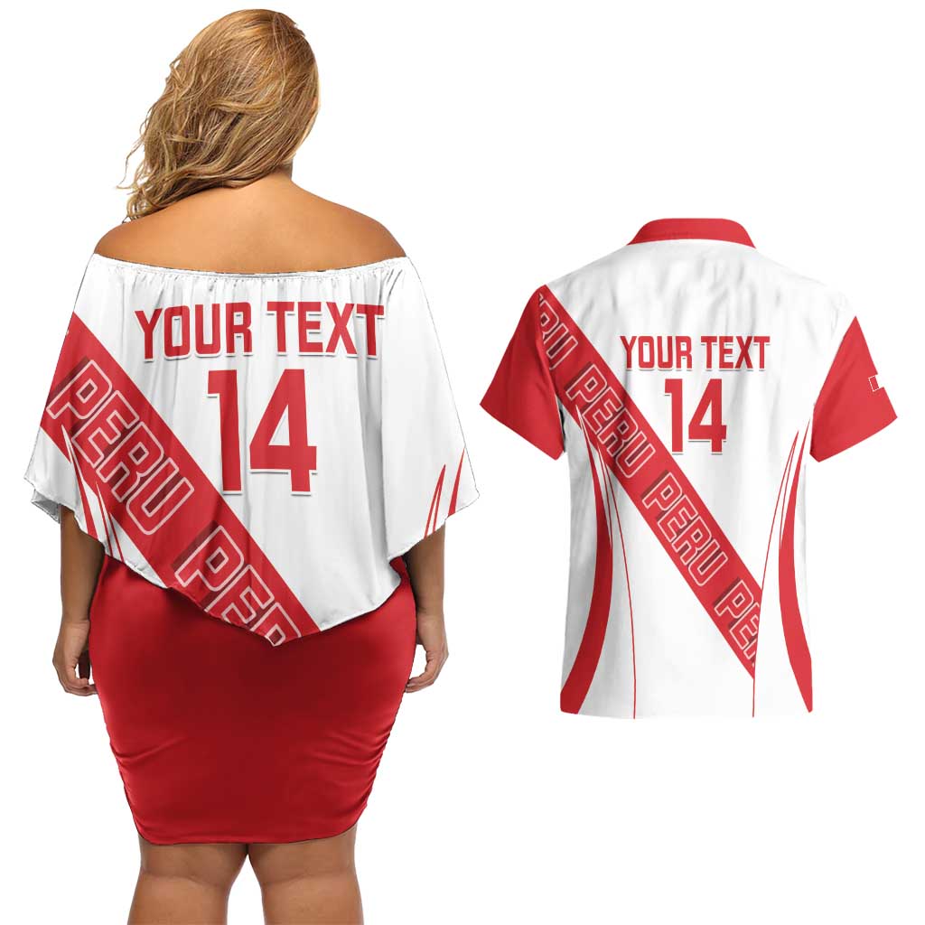 Custom Peru Football Couples Matching Off Shoulder Short Dress and Hawaiian Shirt La Bicolor Coat Of Arms Style