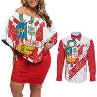 Custom Peru Football Couples Matching Off Shoulder Short Dress and Long Sleeve Button Shirt La Bicolor Coat Of Arms Style
