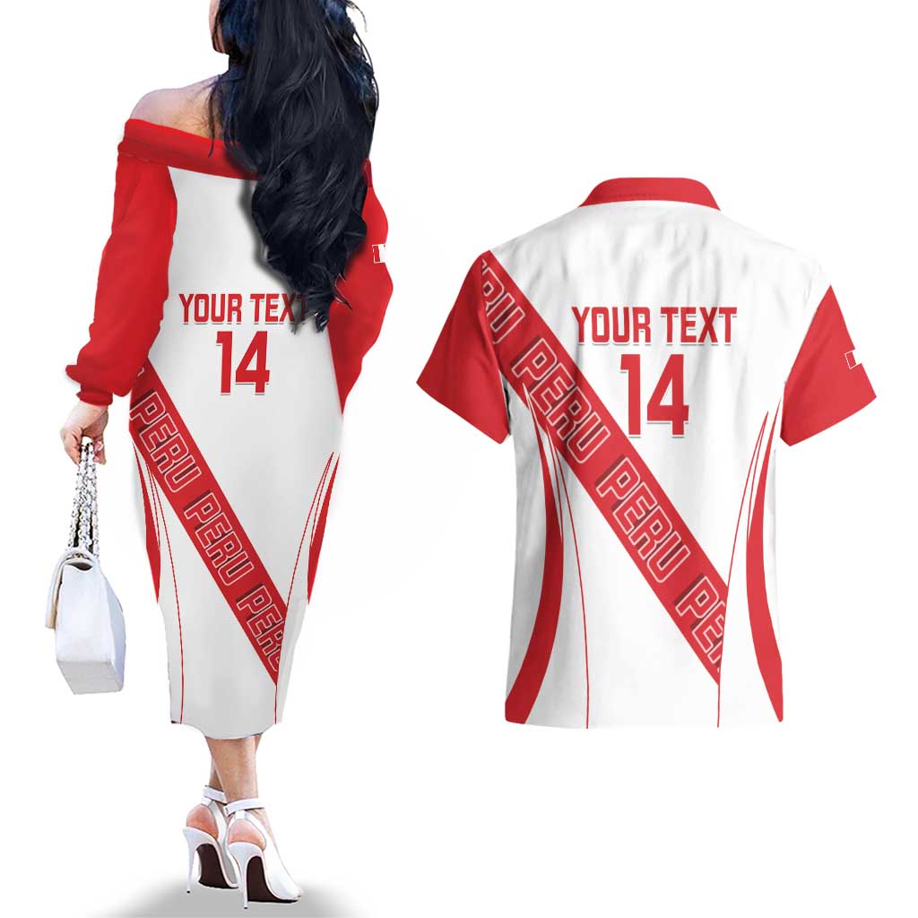 Custom Peru Football Couples Matching Off The Shoulder Long Sleeve Dress and Hawaiian Shirt La Bicolor Coat Of Arms Style