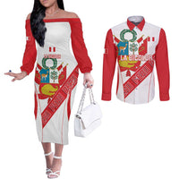 Custom Peru Football Couples Matching Off The Shoulder Long Sleeve Dress and Long Sleeve Button Shirt La Bicolor Coat Of Arms Style