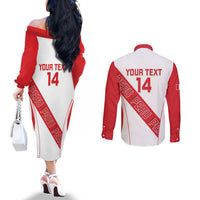 Custom Peru Football Couples Matching Off The Shoulder Long Sleeve Dress and Long Sleeve Button Shirt La Bicolor Coat Of Arms Style