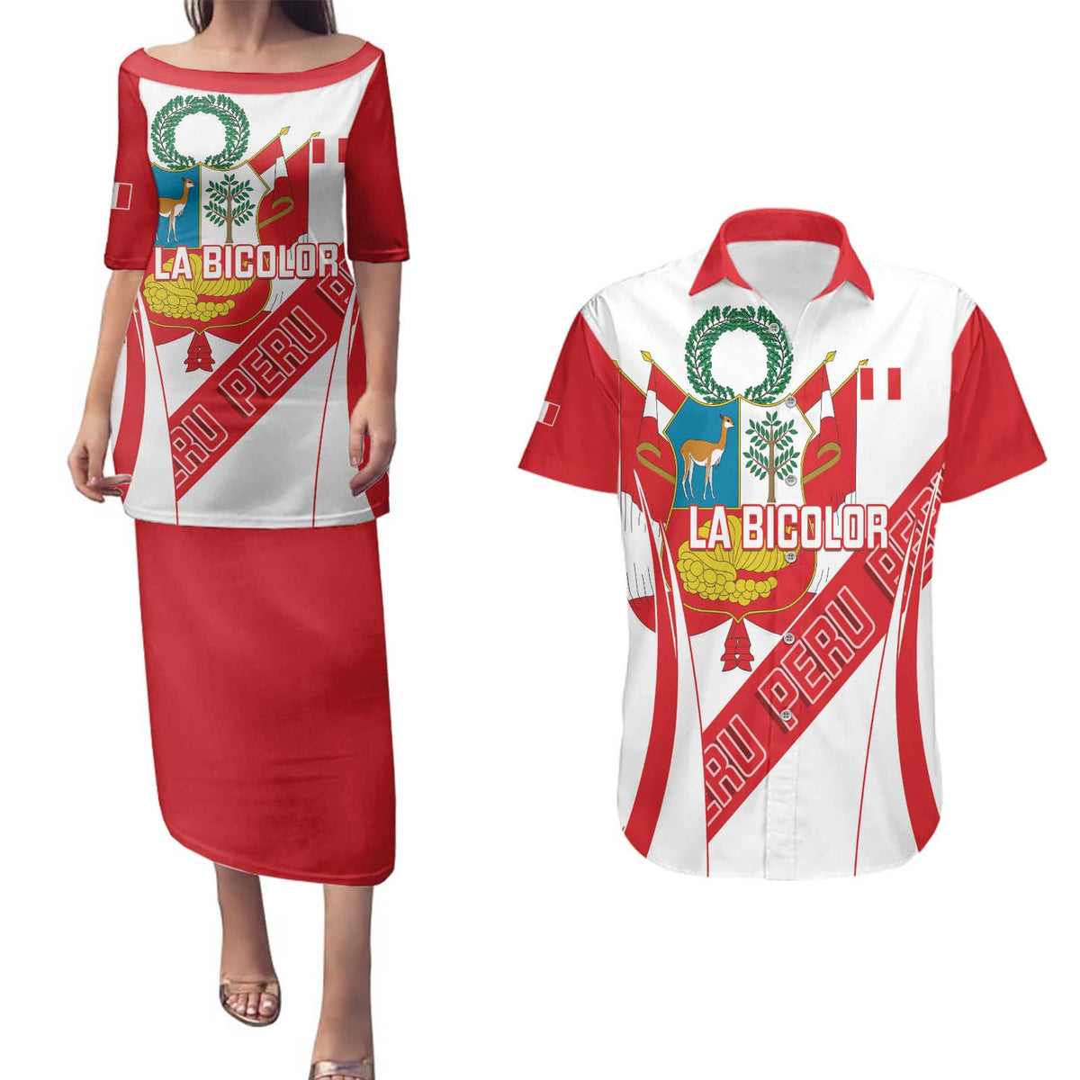 Custom Peru Football Couples Matching Puletasi and Hawaiian Shirt La Bicolor Coat Of Arms Style