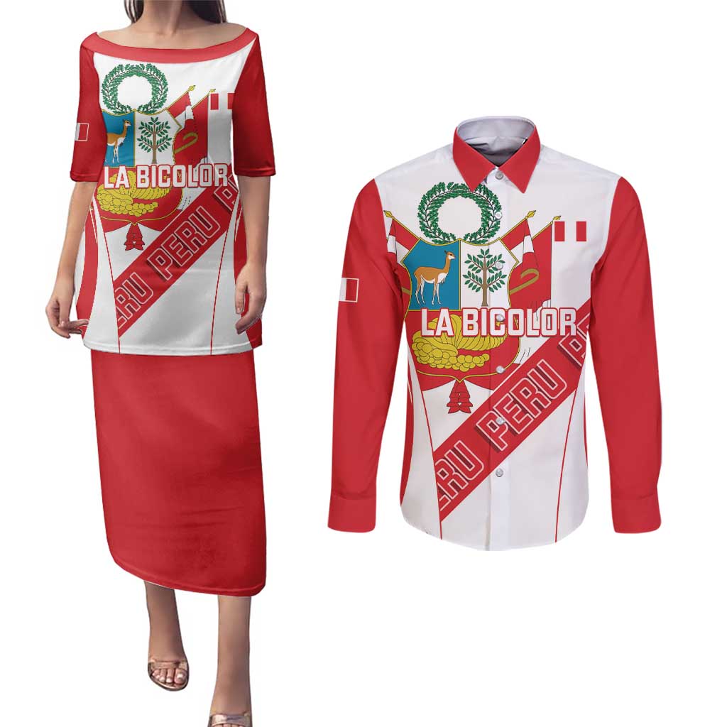 Custom Peru Football Couples Matching Puletasi and Long Sleeve Button Shirt La Bicolor Coat Of Arms Style