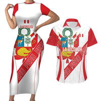 Custom Peru Football Couples Matching Short Sleeve Bodycon Dress and Hawaiian Shirt La Bicolor Coat Of Arms Style