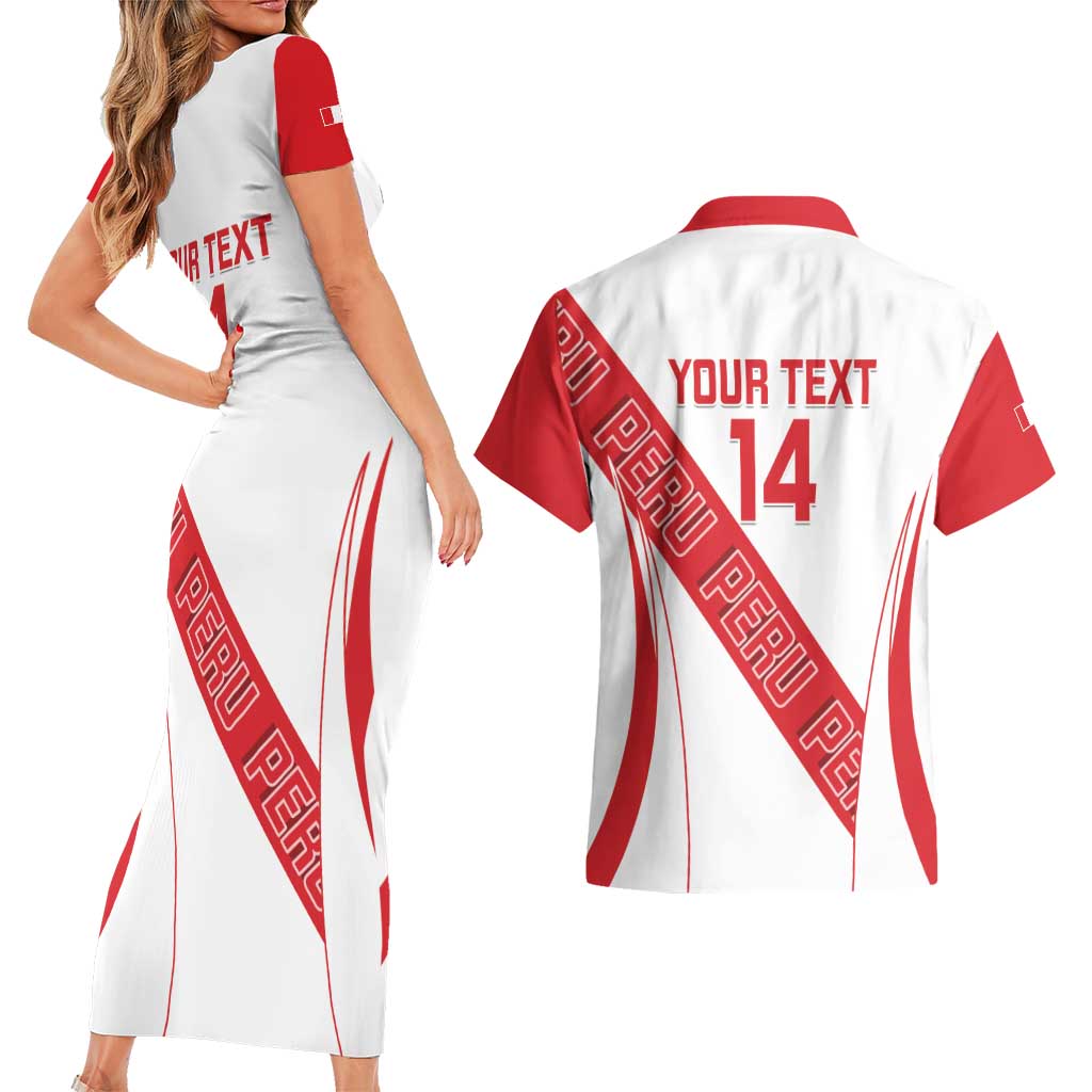 Custom Peru Football Couples Matching Short Sleeve Bodycon Dress and Hawaiian Shirt La Bicolor Coat Of Arms Style
