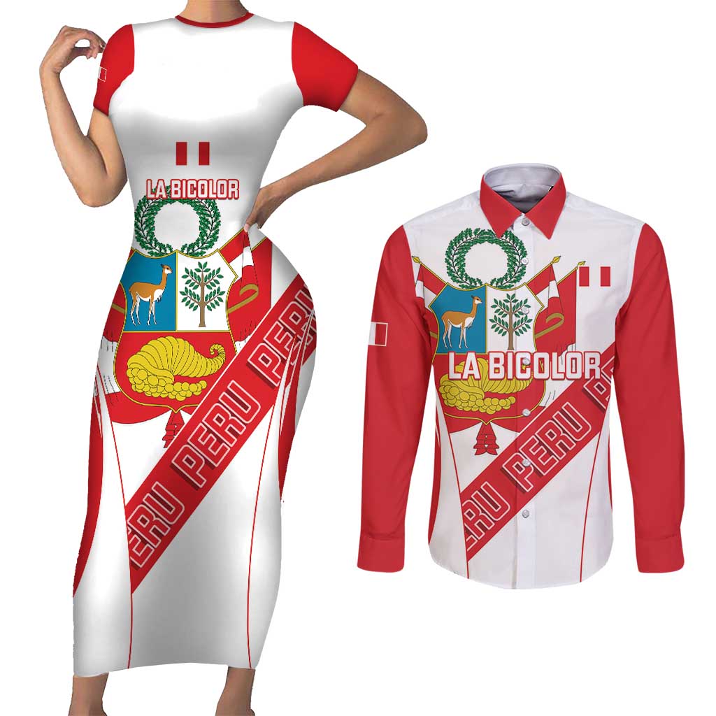 Custom Peru Football Couples Matching Short Sleeve Bodycon Dress and Long Sleeve Button Shirt La Bicolor Coat Of Arms Style