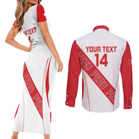 Custom Peru Football Couples Matching Short Sleeve Bodycon Dress and Long Sleeve Button Shirt La Bicolor Coat Of Arms Style