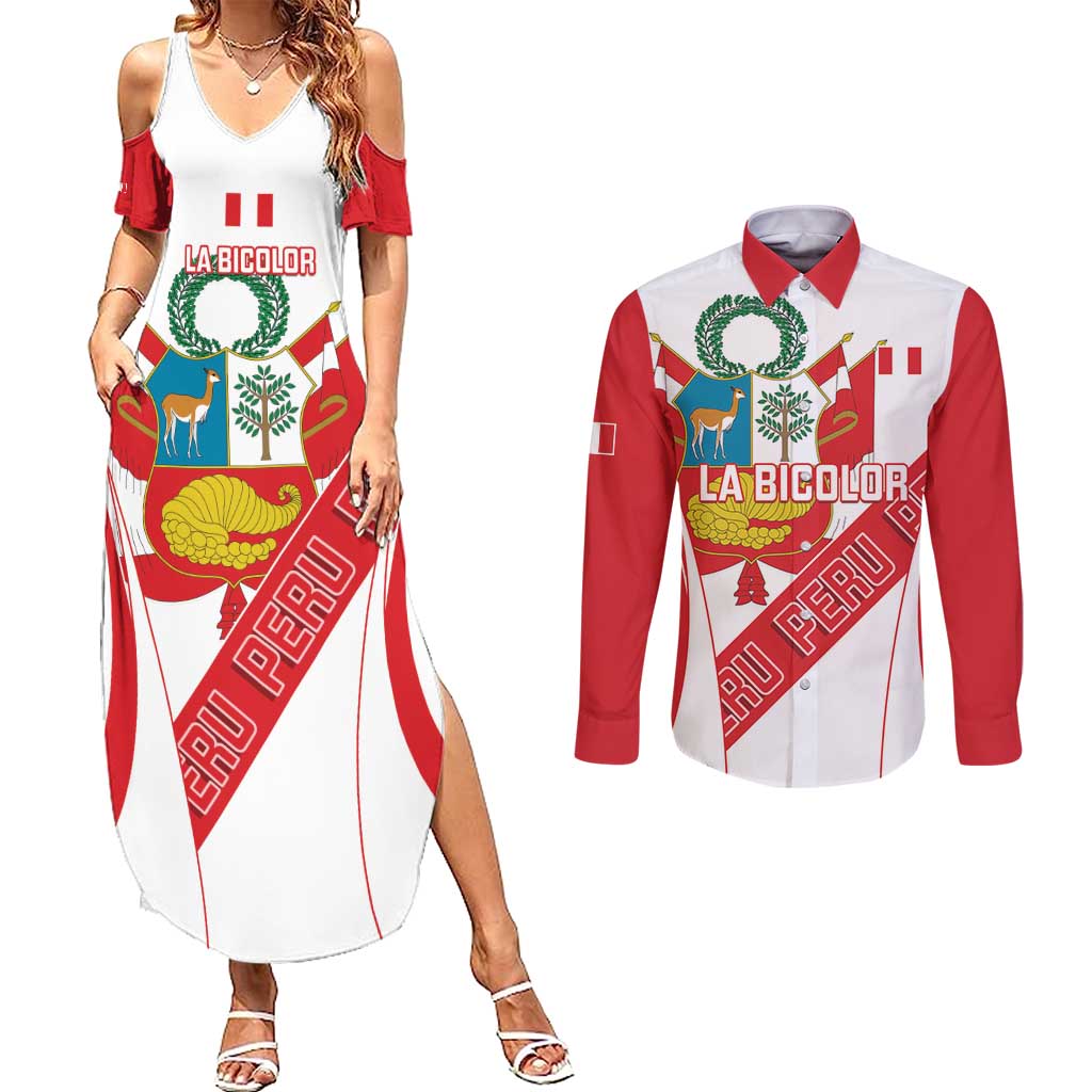 Custom Peru Football Couples Matching Summer Maxi Dress and Long Sleeve Button Shirt La Bicolor Coat Of Arms Style