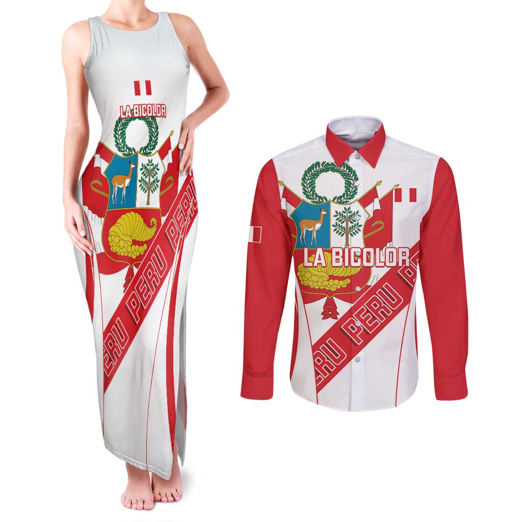 Custom Peru Football Couples Matching Tank Maxi Dress and Long Sleeve Button Shirt La Bicolor Coat Of Arms Style
