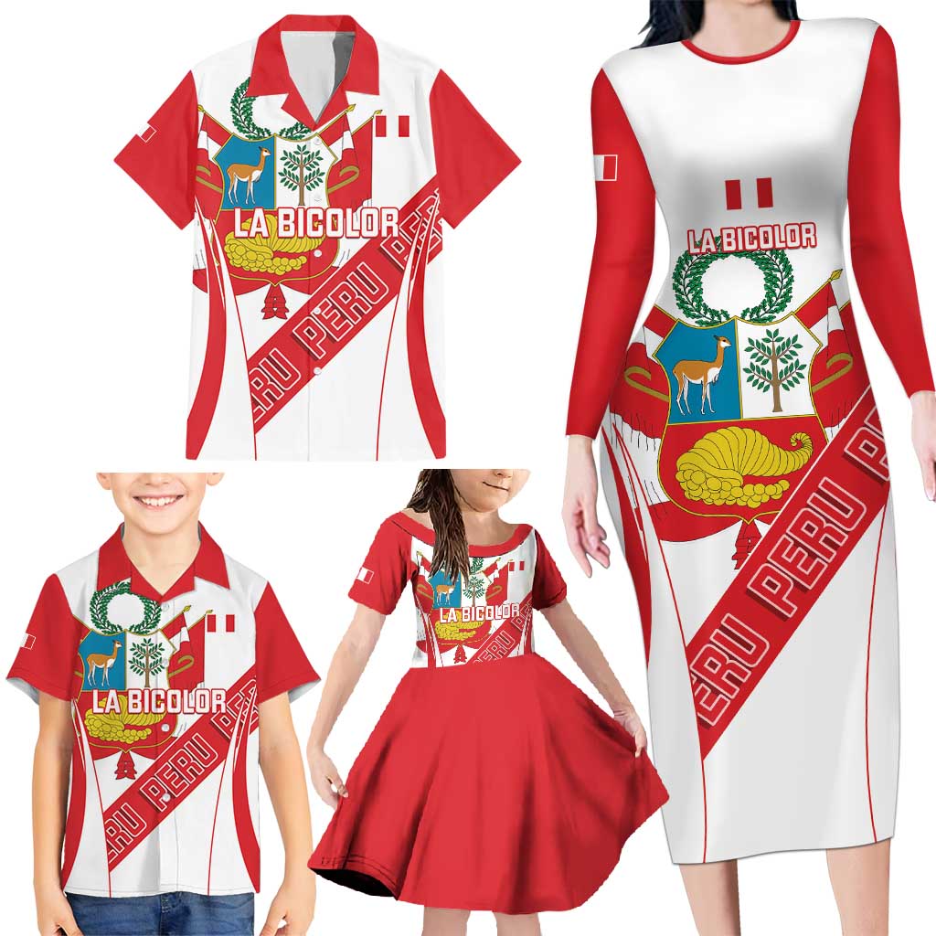 Custom Peru Football Family Matching Long Sleeve Bodycon Dress and Hawaiian Shirt La Bicolor Coat Of Arms Style