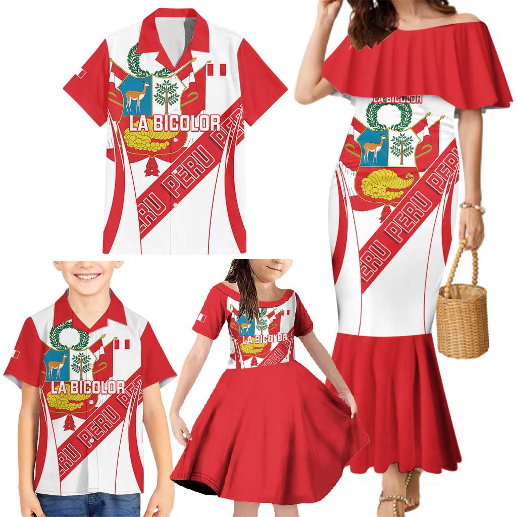 Custom Peru Football Family Matching Mermaid Dress and Hawaiian Shirt La Bicolor Coat Of Arms Style
