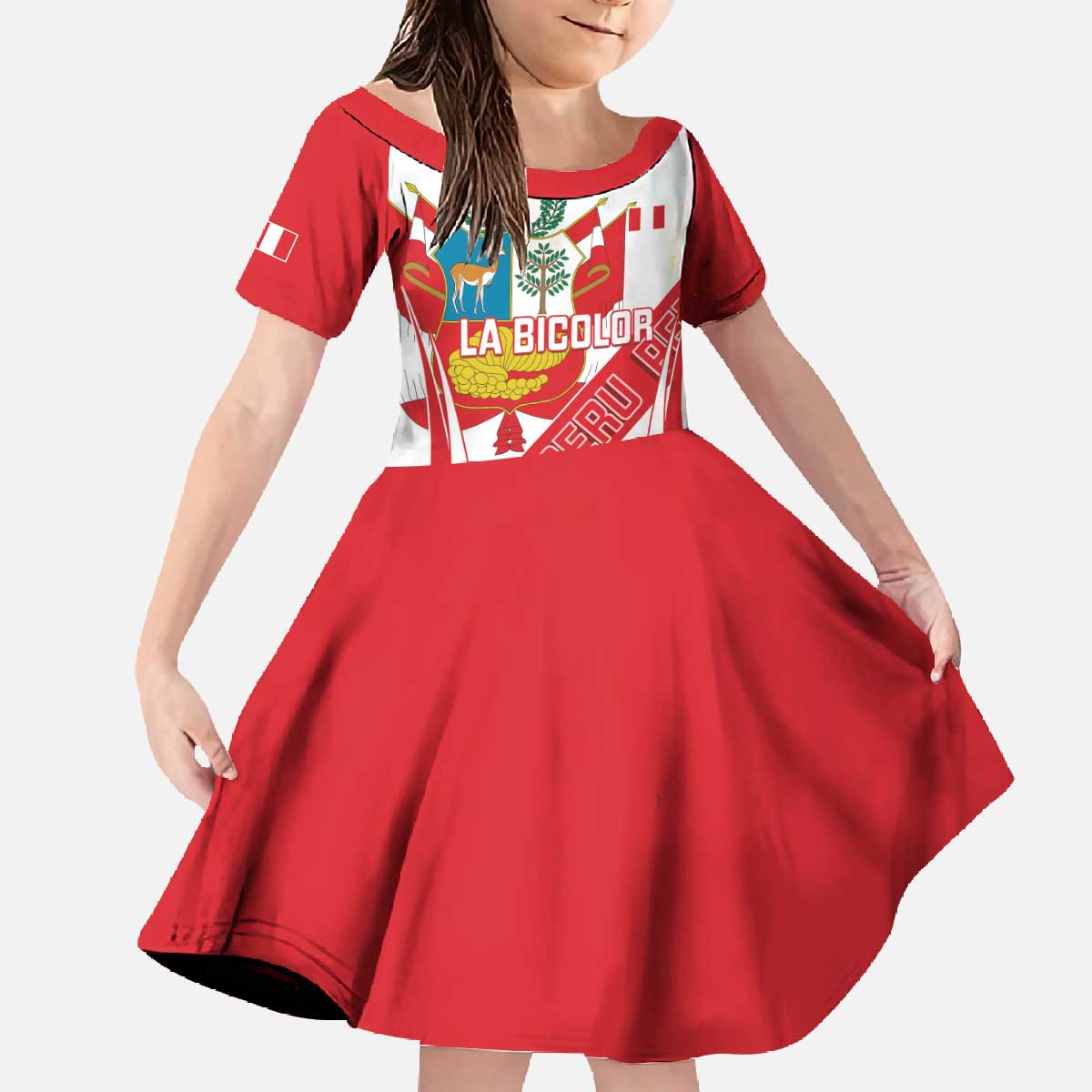 Custom Peru Football Family Matching Off The Shoulder Long Sleeve Dress and Hawaiian Shirt La Bicolor Coat Of Arms Style