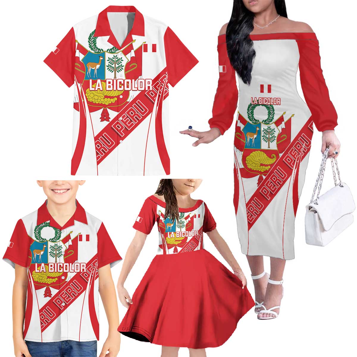 Custom Peru Football Family Matching Off The Shoulder Long Sleeve Dress and Hawaiian Shirt La Bicolor Coat Of Arms Style