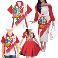 Custom Peru Football Family Matching Off The Shoulder Long Sleeve Dress and Hawaiian Shirt La Bicolor Coat Of Arms Style