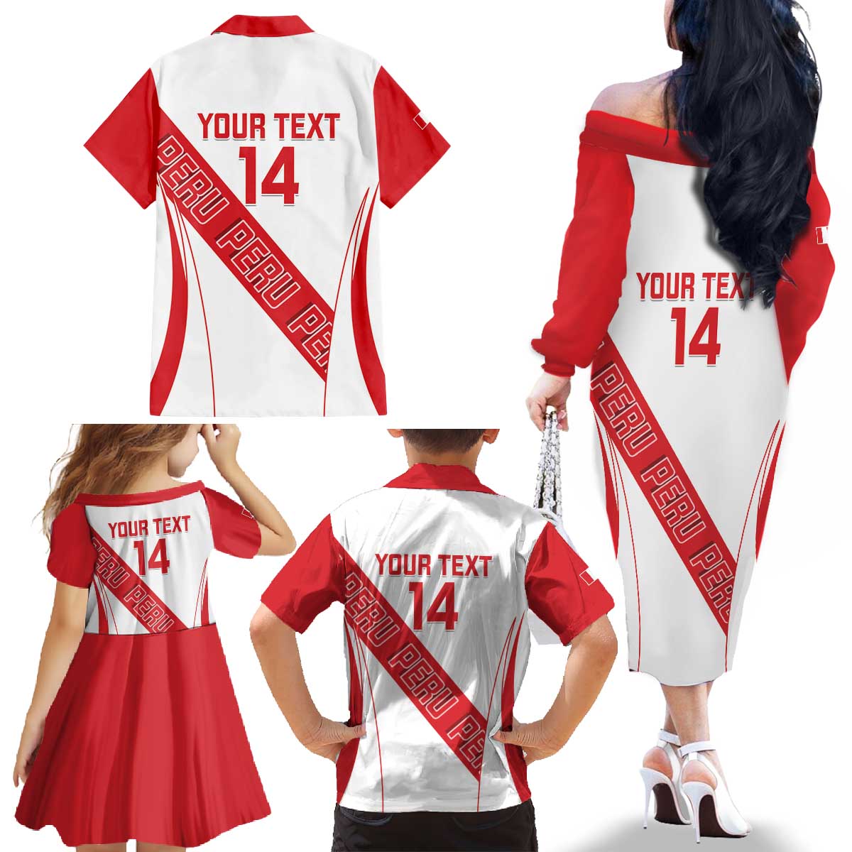 Custom Peru Football Family Matching Off The Shoulder Long Sleeve Dress and Hawaiian Shirt La Bicolor Coat Of Arms Style