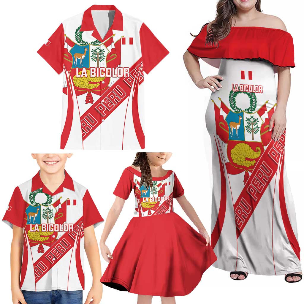 Custom Peru Football Family Matching Off Shoulder Maxi Dress and Hawaiian Shirt La Bicolor Coat Of Arms Style