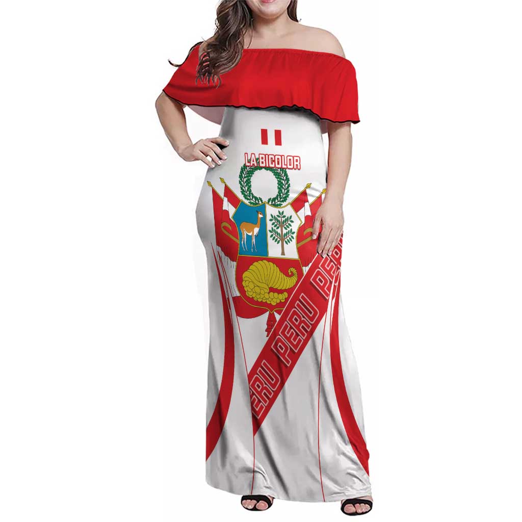 Custom Peru Football Family Matching Off Shoulder Maxi Dress and Hawaiian Shirt La Bicolor Coat Of Arms Style