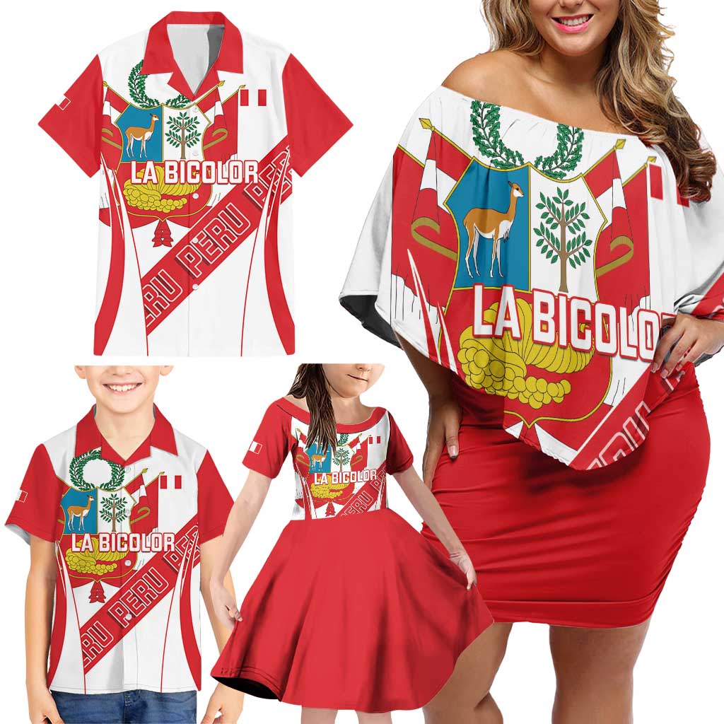 Custom Peru Football Family Matching Off Shoulder Short Dress and Hawaiian Shirt La Bicolor Coat Of Arms Style