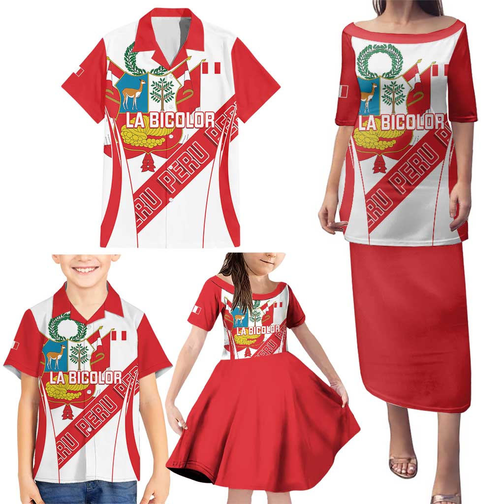 Custom Peru Football Family Matching Puletasi and Hawaiian Shirt La Bicolor Coat Of Arms Style