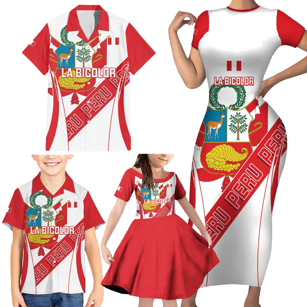 Custom Peru Football Family Matching Short Sleeve Bodycon Dress and Hawaiian Shirt La Bicolor Coat Of Arms Style