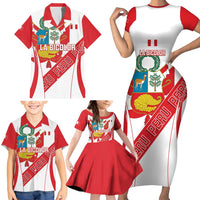 Custom Peru Football Family Matching Short Sleeve Bodycon Dress and Hawaiian Shirt La Bicolor Coat Of Arms Style