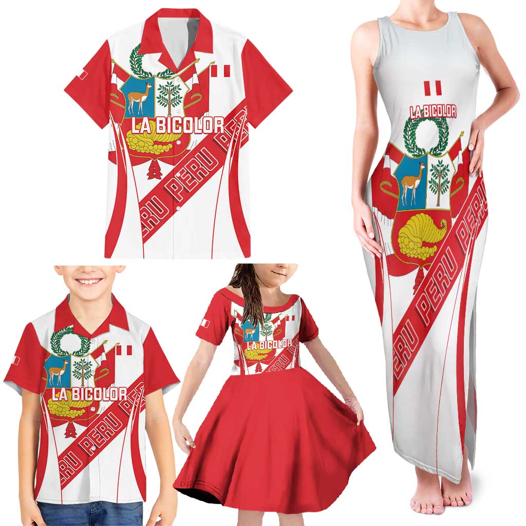 Custom Peru Football Family Matching Tank Maxi Dress and Hawaiian Shirt La Bicolor Coat Of Arms Style