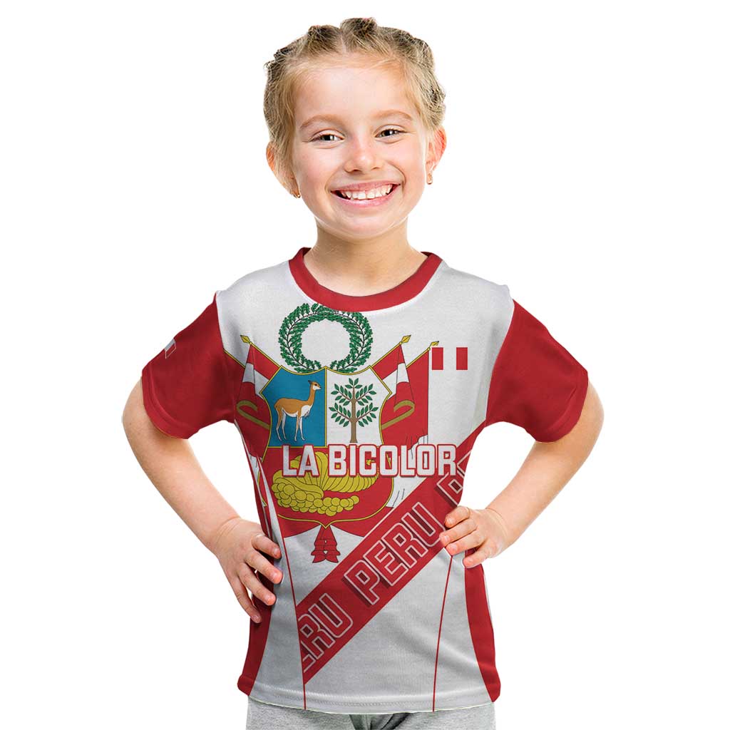 Custom Peru Football Kid T Shirt La Bicolor Coat Of Arms Style