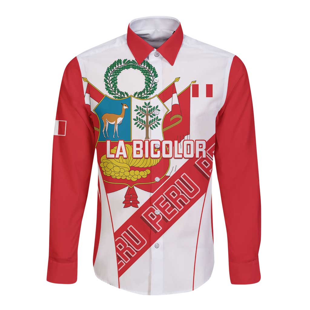 Custom Peru Football Long Sleeve Button Shirt La Bicolor Coat Of Arms Style
