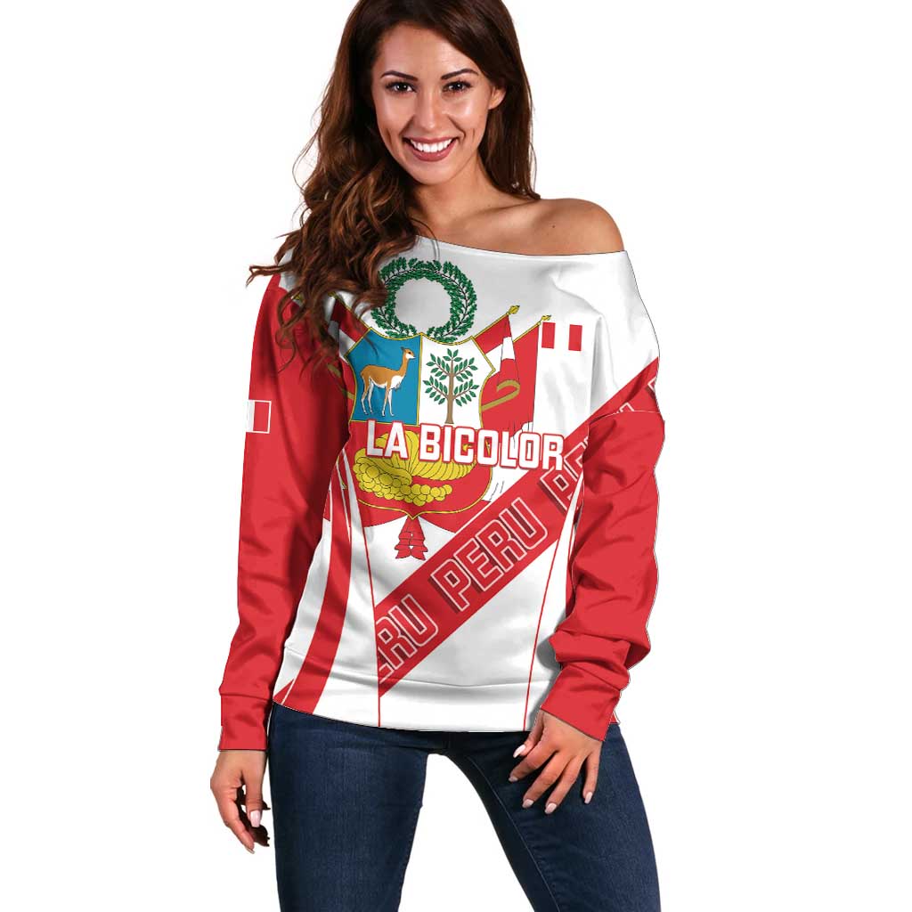 Custom Peru Football Off Shoulder Sweater La Bicolor Coat Of Arms Style