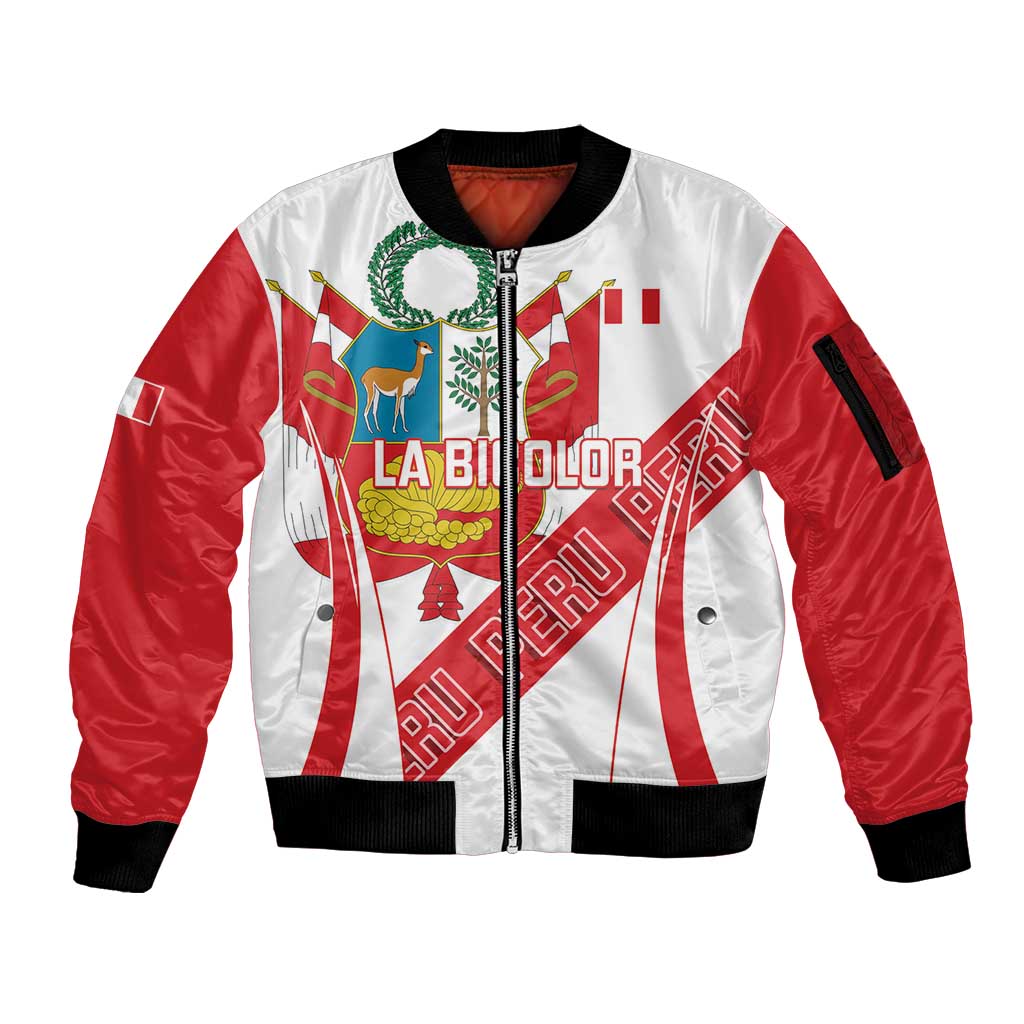 Custom Peru Football Sleeve Zip Bomber Jacket La Bicolor Coat Of Arms Style