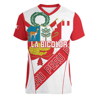 Custom Peru Football Women V-Neck T-Shirt La Bicolor Coat Of Arms Style