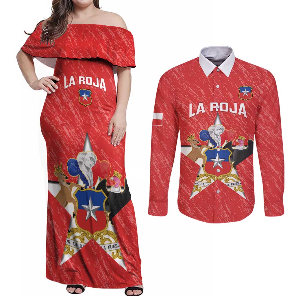 Custom Chile Football Couples Matching Off Shoulder Maxi Dress and Long Sleeve Button Shirt Vamos La Roja