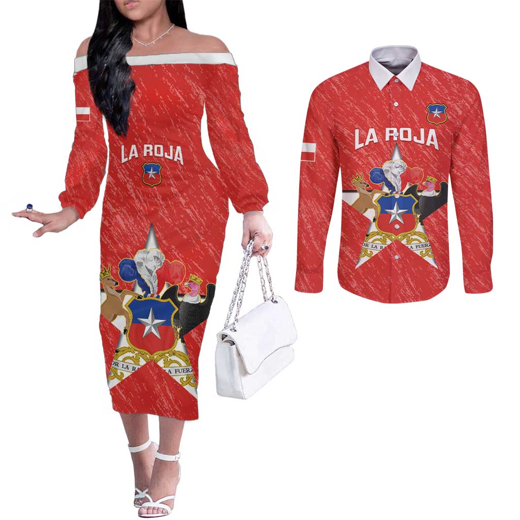 Custom Chile Football Couples Matching Off The Shoulder Long Sleeve Dress and Long Sleeve Button Shirt Vamos La Roja
